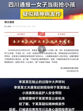四川通报一女子当街抢小孩